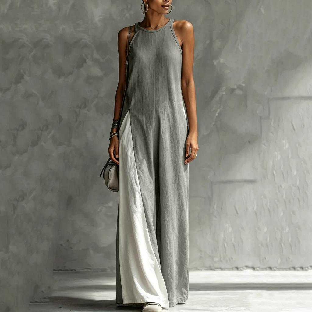 Women Sleeveless Loose Fit Maxi Dress with Pocket Color Block Design Casual Elegant Summer Long Dress