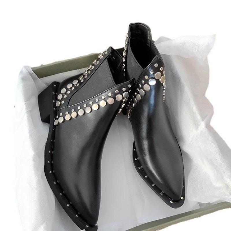 High Quality Women Shoes Leather Short Boots Women Pointed Chunky Heel Boots Fashion Rivet Ankle Boots Female Platform Heel