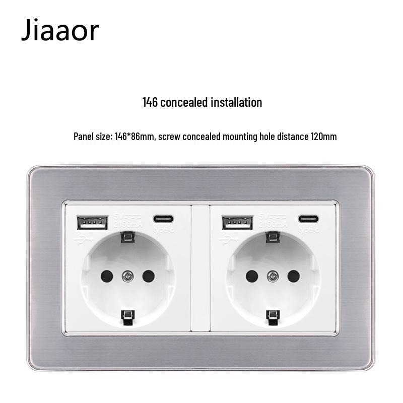 Padrão Europeu Tipo 86 Painel de Interruptor e Tomada de Parede Duplo em Aço Inoxidável com USB-C, Estilo Alemão, Montagem de Parede Embutida.