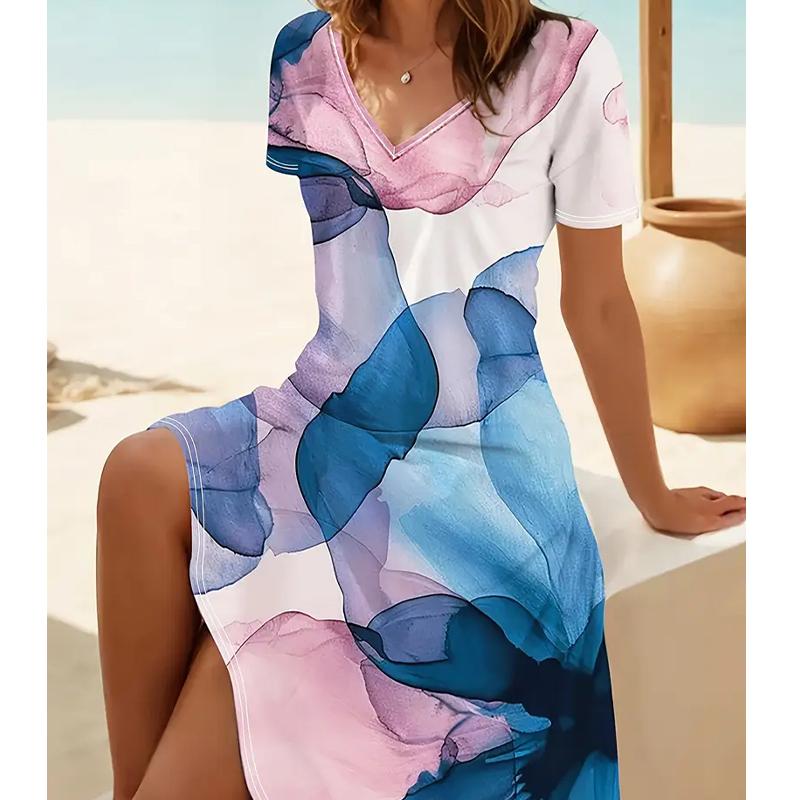 

Летняя мода Женское платье с V-образным вырезом и короткими рукавами, с принтом из красочных узоров, Сексуальное платье с короткой юбкой 8XL синий