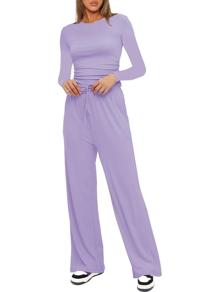 Kardashian Style Comfy Wide-Leg Tie-Up Set with Long Sleeves