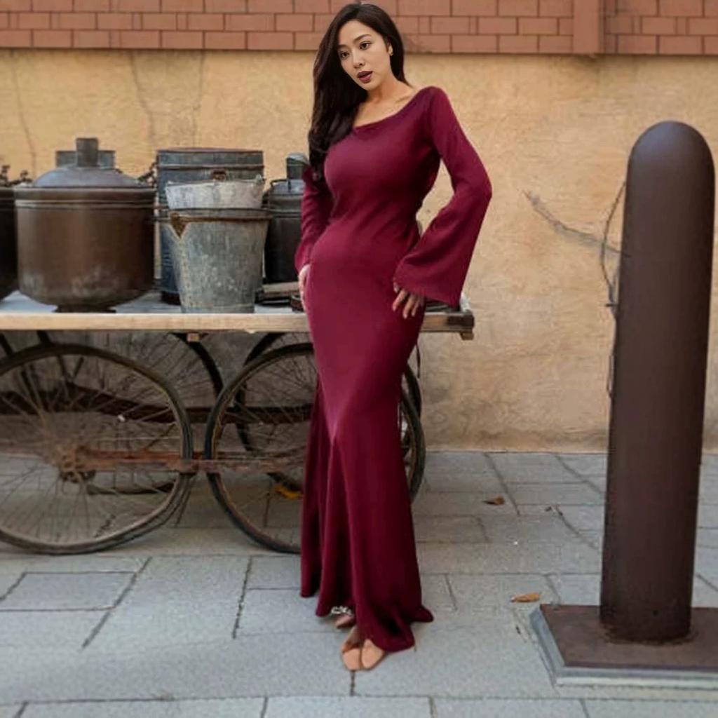 Spring and summer women's clothing solid color round neck long sleeve lace-up national style temperament lazy style waist dress women