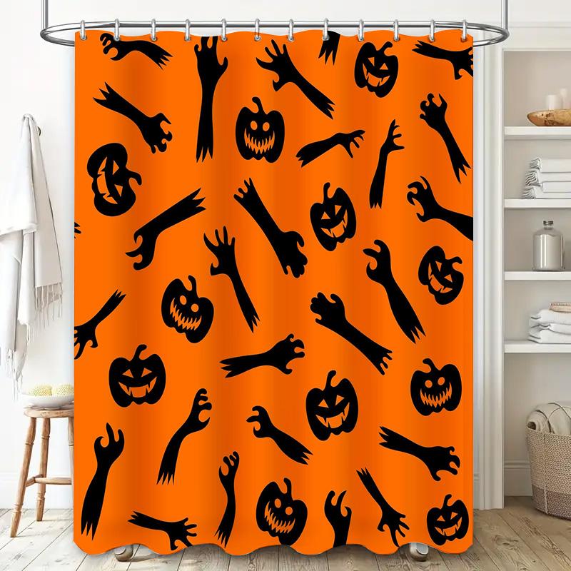 Halloween Orange Shower Curtain with Spooky Pumpkins Ghosts Decorative Bathtub Cover for Halloween Party Decoration Supplies In