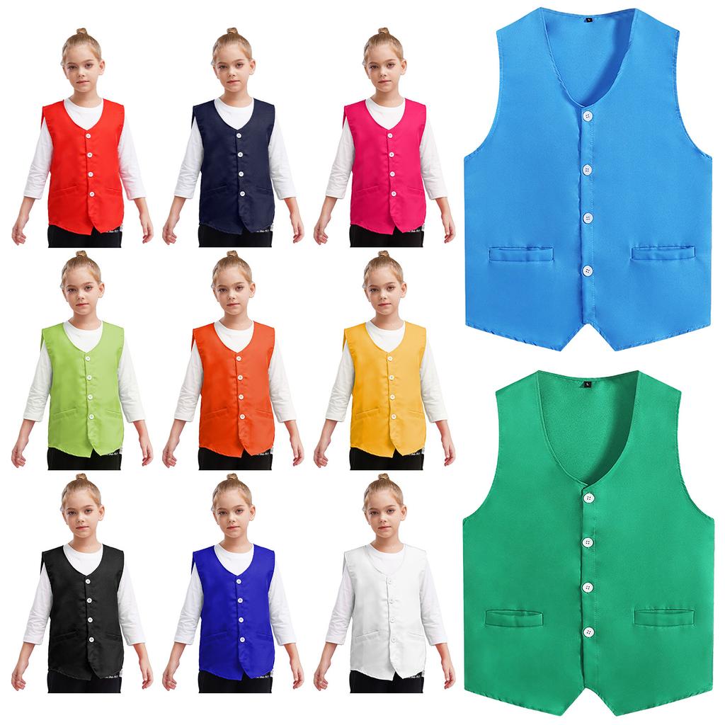 Kids Boys Girls Button Volunteer Vest Solid Color V Neck Sleeveless Irregular Hem Waistcoat Volunteers Activities Uniform