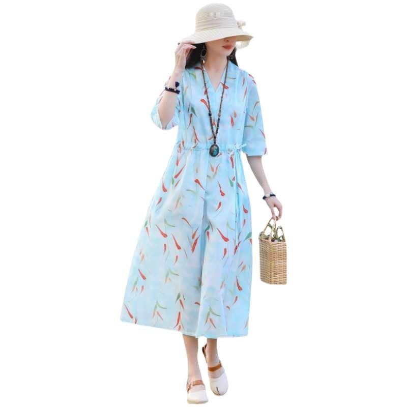 Übergröße V-Ausschnitt Langes Kleid Ethnischer Druck Schlitzärmel Lockere Taille Bindekleider