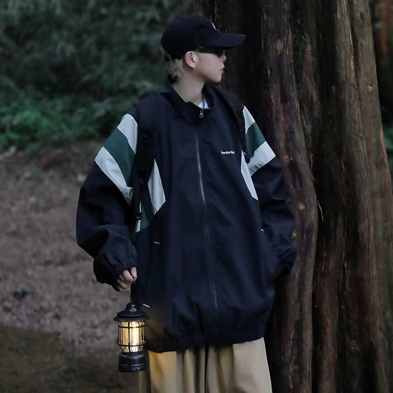 Outdoorjacke mit japanischem Farbblock-Muster und Stehkragen für Herren – Retro, trendig und lockere Passform.