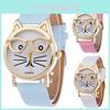 Rozkošné Kočičí Tvář Dámské Křemenné Hodinky S Koženým Řemínkem Kreslený Design