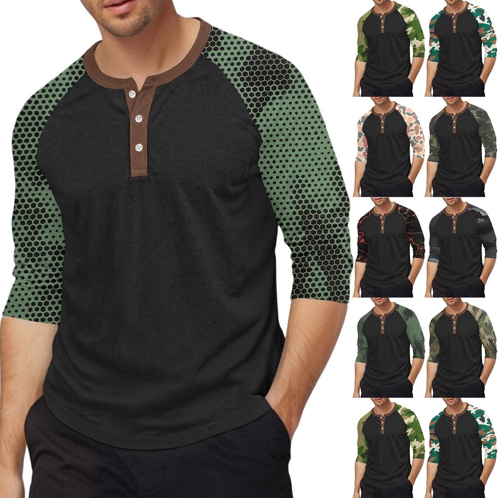Men's top with three-quarter sleeves and camouflage print