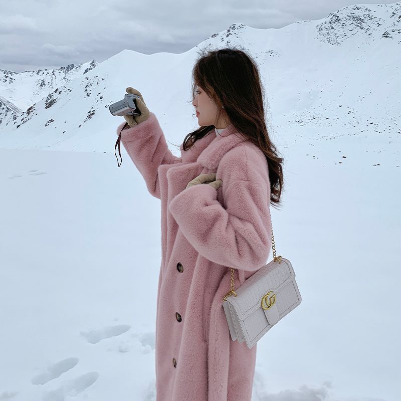 Winter Warm Thick Faux Fur Coat Women Long Trench Jacket Faux Mink Fur Collar Eco Friendly Outerwear