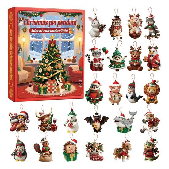 Julekjæledyranheng Adventskalender 2025 24 dager Akryl Dyrepynt med Krage-ringer Morsom Nedtellingsgave for Kjæledyreelskere & Treddekor