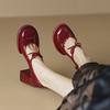 Burgundy High Heels Women's Summer Bow Mary Jane Single Shoes French Bridal Wedding Shoes