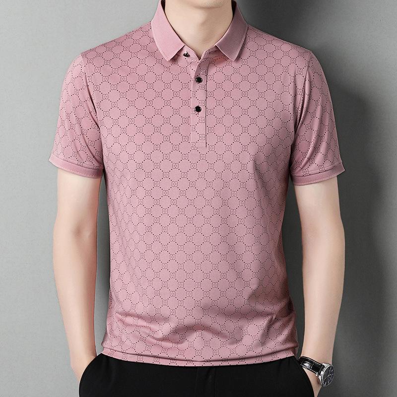 Summer Thin Ice Silk Men Polo Shirt Middle Age Loose Collar Solid Color Casual Short Sleeve T Shirt