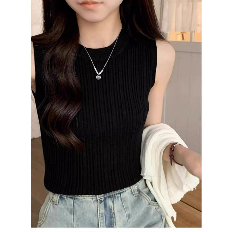 women ribbed knit tank top crew neck sleeveless fitted casual basic layering vest S