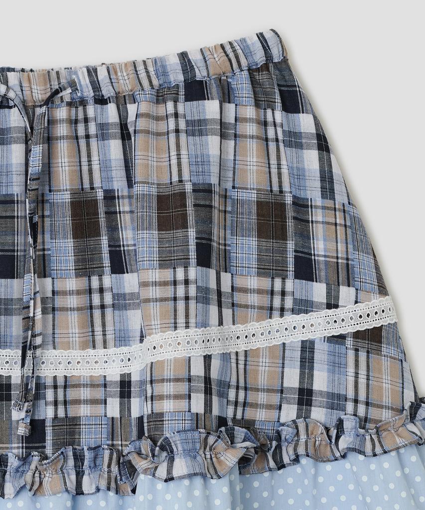 Taibseobiseu Lace Trim Ruffled Check Skirt [Blue]
