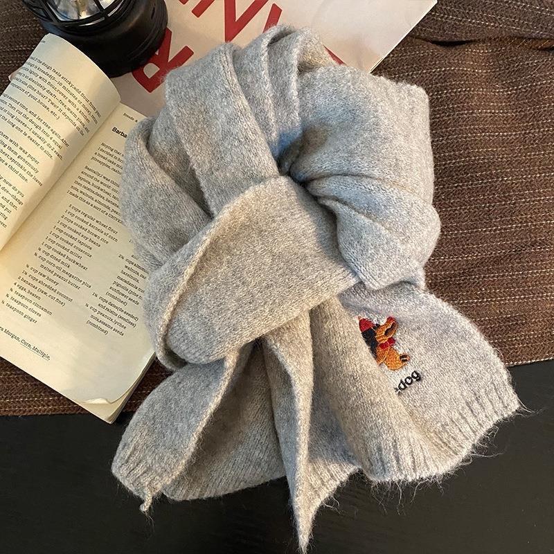 Korean Style Cute Puppy Embroidered Scarf for Women Winter Fashion Wool Blended Shawl Thickened Warm and Cold Proof Knitted Scarf