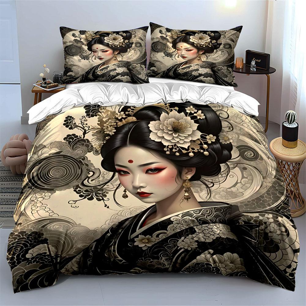 Set Decorazione Geisha Giapponese Tradizionale Morbido Confortevole Copripiumino Set Biancheria da Letto Incluso 1*Copripiumino & 2*Federe, Regalo