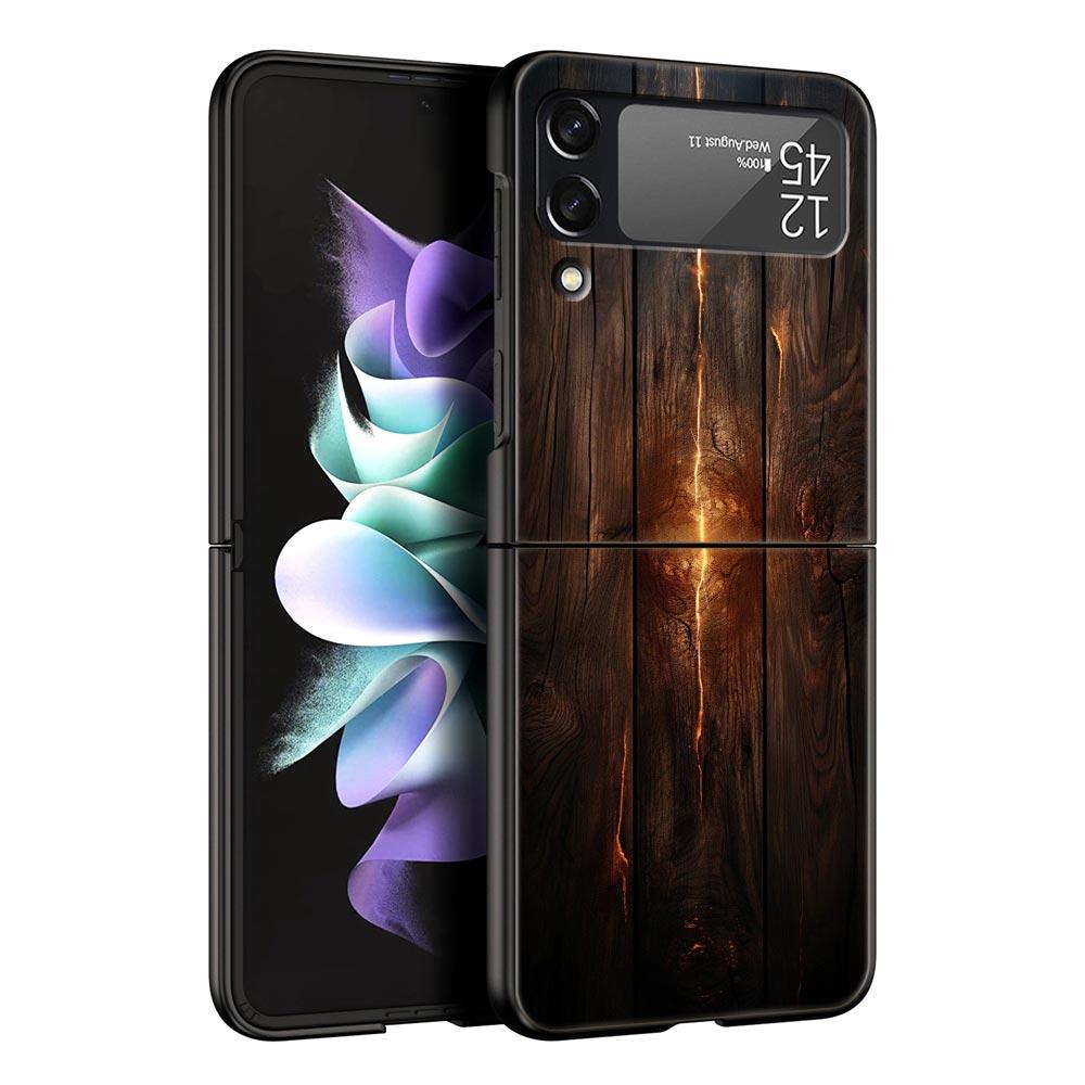 Luxury Vintage Wood Grain Pattern Hard PC Phone Case For Samsung Galaxy Z Flip 7 6 5 4 Black Cover For Galaxy Z Flip 3 Foldable