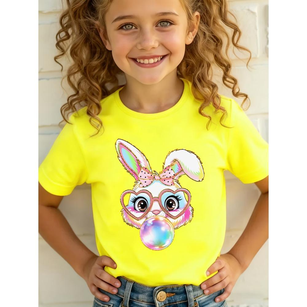 Summer EASTER Cute Bow Rabbit Print Childrens Cotton Tshirt Casual Trendy Girls Short Sleeved Shirts Fashion Kids Clothes Tees