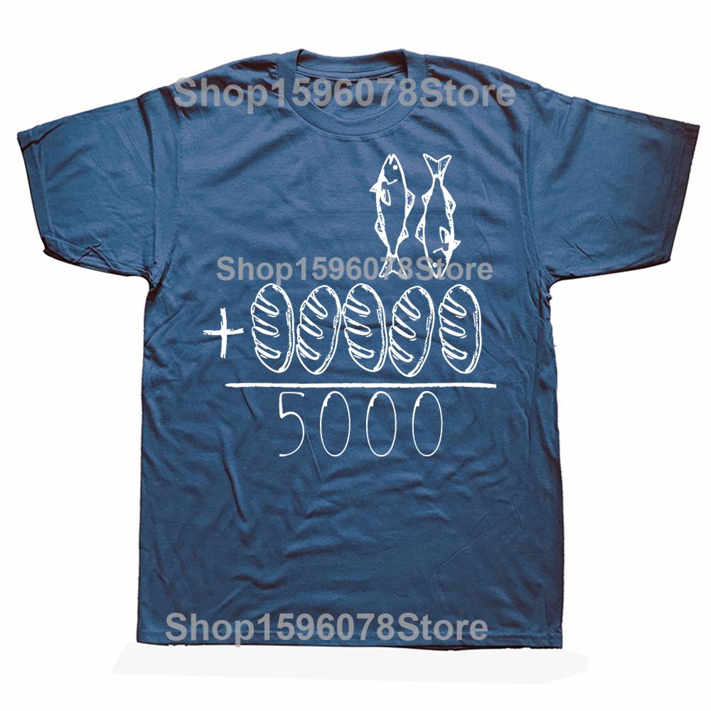 Funny Retro 2 Fishes 5 Breads Jesus Christian Bible Cotton T-Shirt Oversized Unisex Graphic Tees Men's Clothing Streetwear