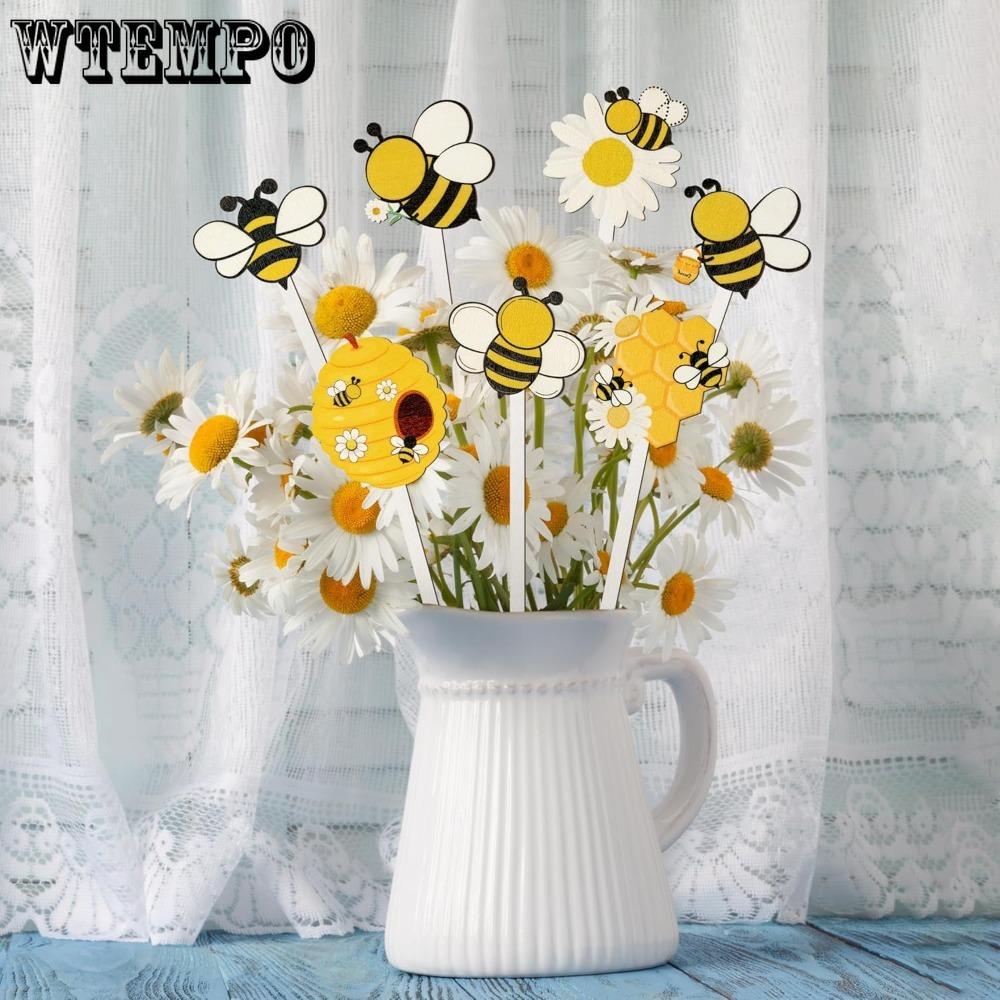 14pcs Bee Double-Sided Wooden Picks - Cute Honeybee Wooden Decorative Pick for Home Vase Filler Colorful Wood Bee Nectar Decorative Pick