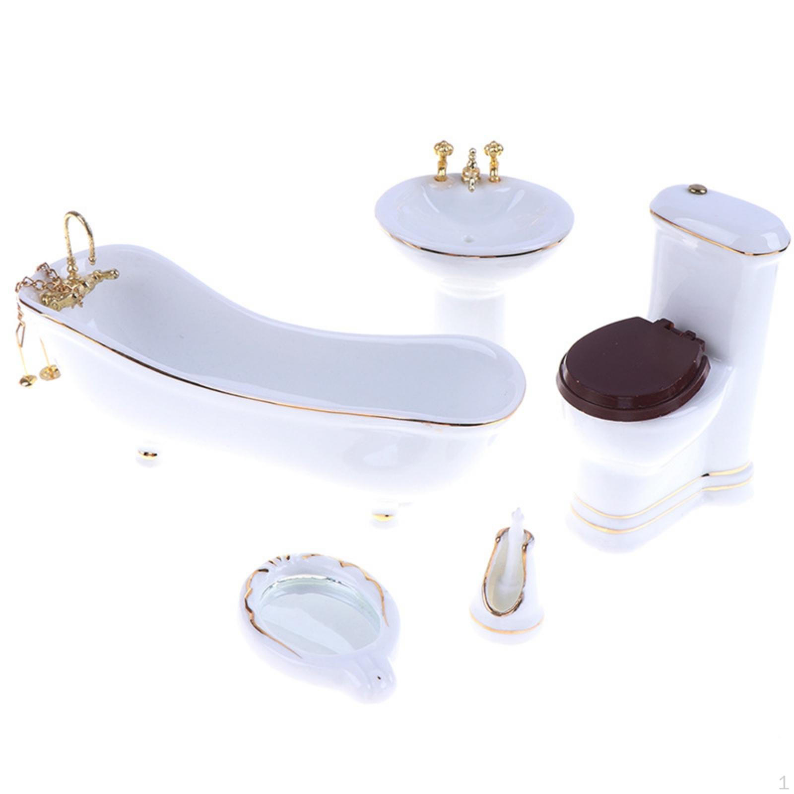 5 Pieces Dollhouse Washroom Set 1:12 Scale Miniature Gilded Trim Ceramic