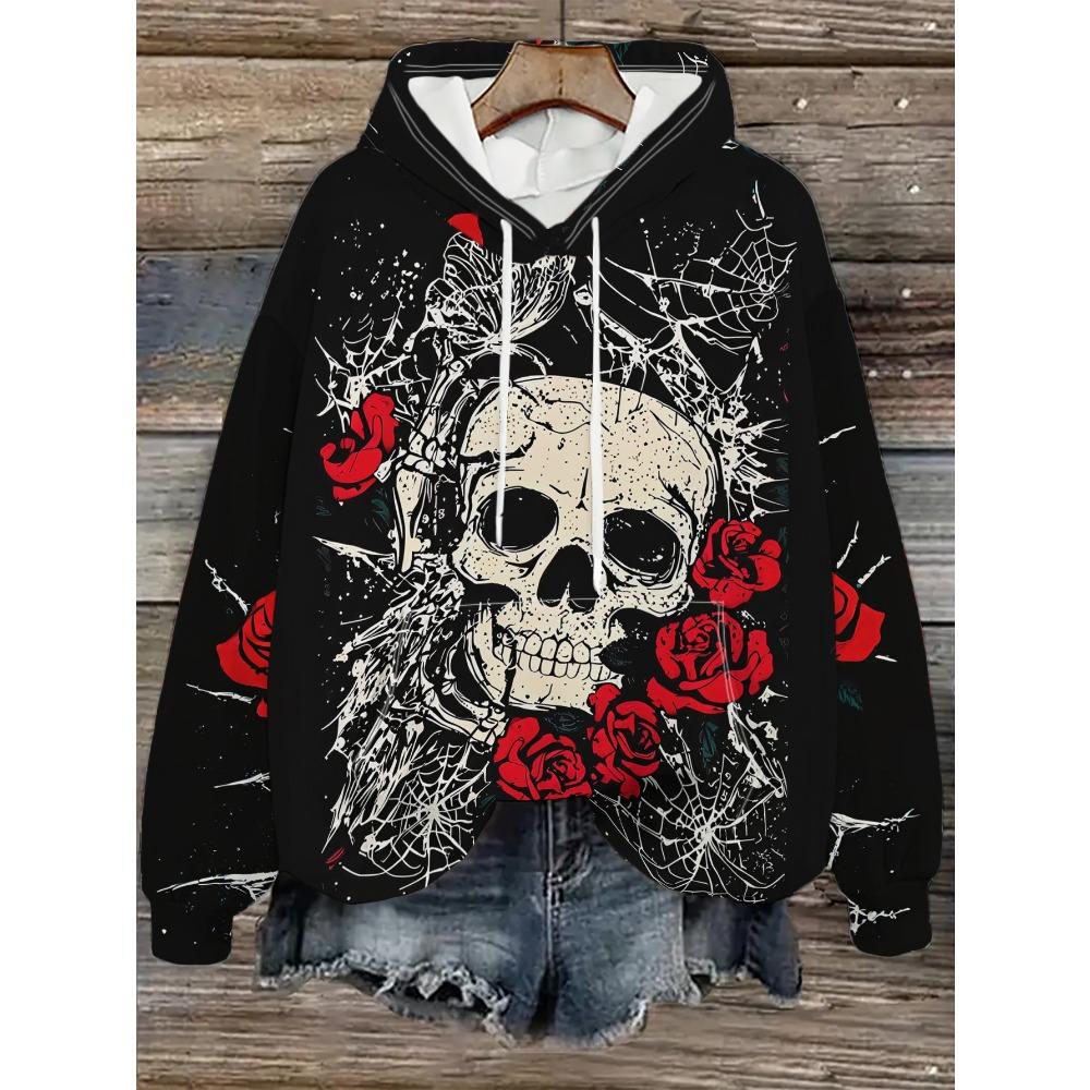 Women's Trendy Skull and Rose Print Sweatshirt, Stylish and Unique Polyester Long-Sleeve Top, Machine Washable, for Casual Daily Wear