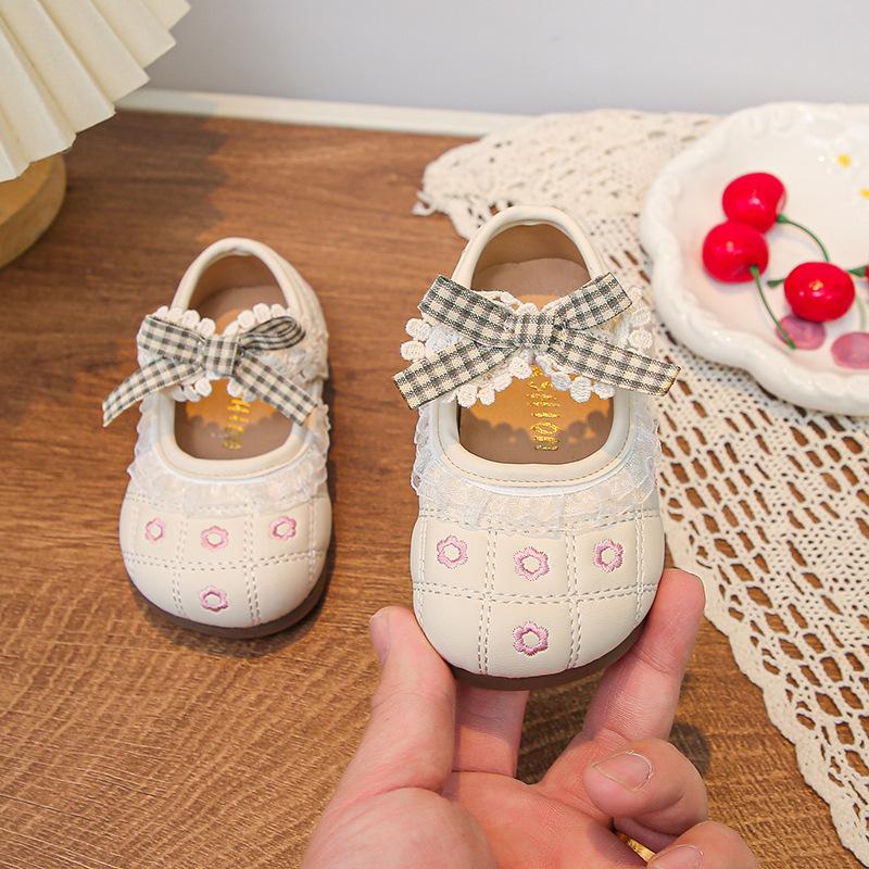 Toddler Girls Lace Bow Embroidered Princess Mary Jane Shoes 15 бежевый