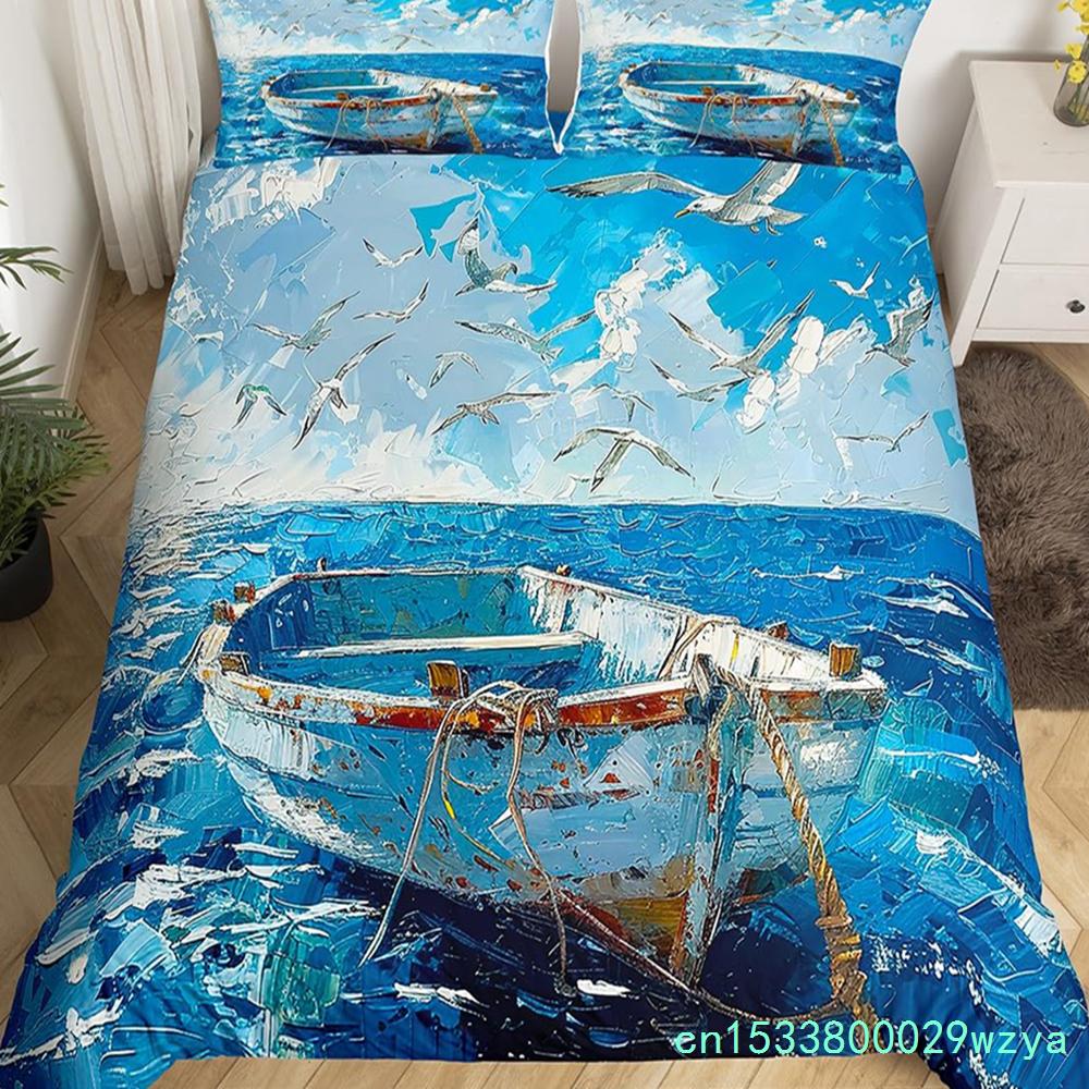 Seaside Town Landscape Bedding Set Flowers Rustic Duvet Cover Coastal Style Island Comforter Cover Ocean Scenery Quilt Cover