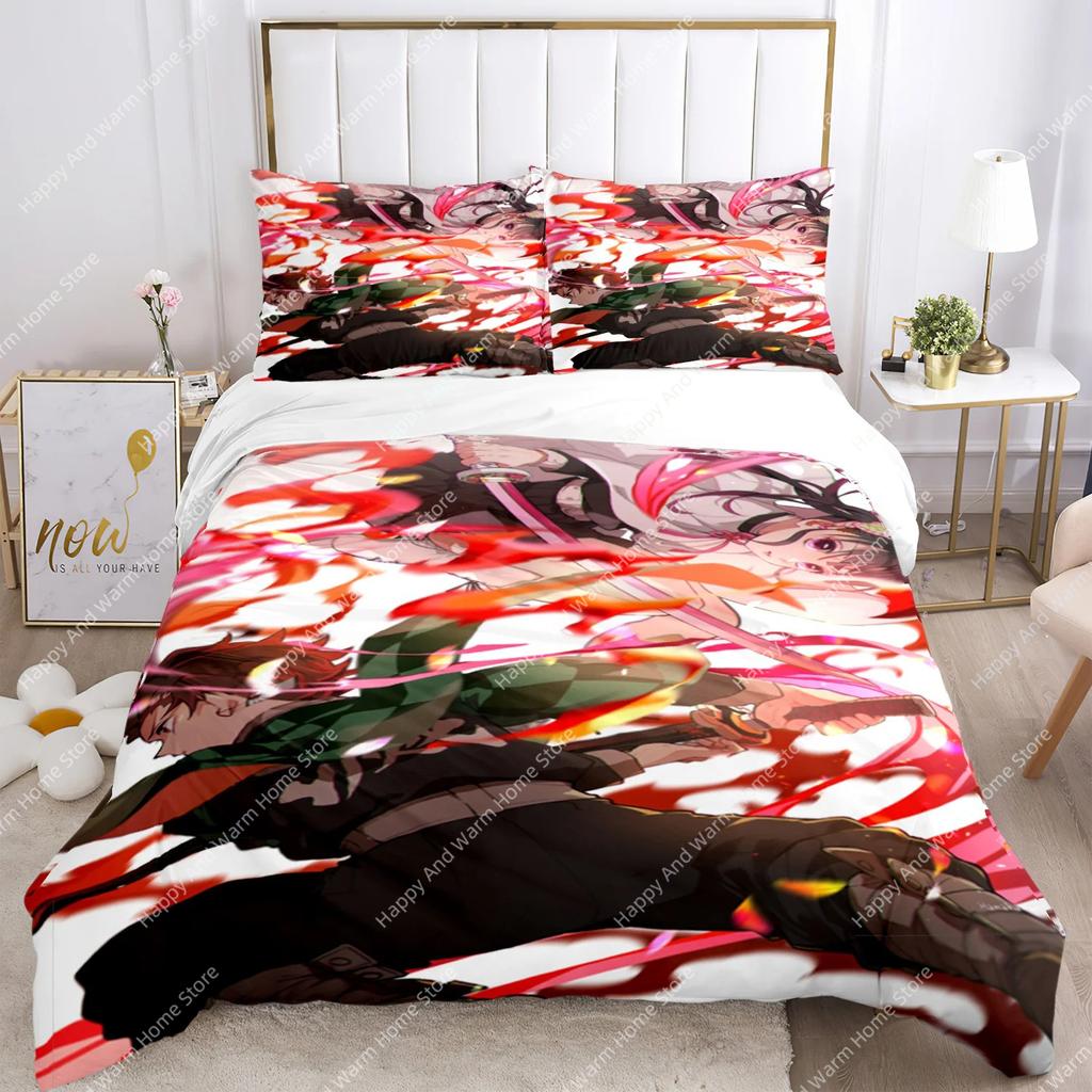 Anime Demon Slayer Print Bedding Set 2/3pieces Nezuko Bed Linen Queen Double Single King Size Duvet Cover Set Boys Adults Gift