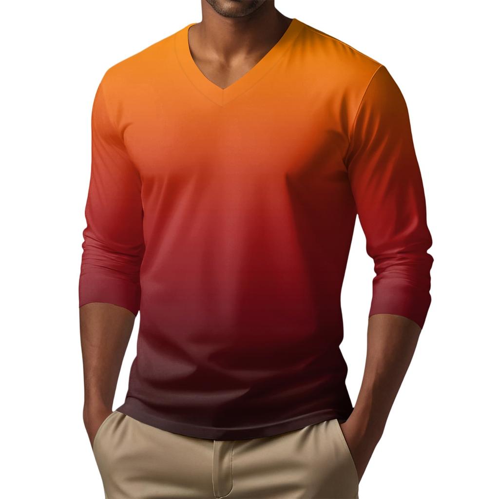 Men's V-neck Casual Fashion Printed Long-sleeved T-shirt Top