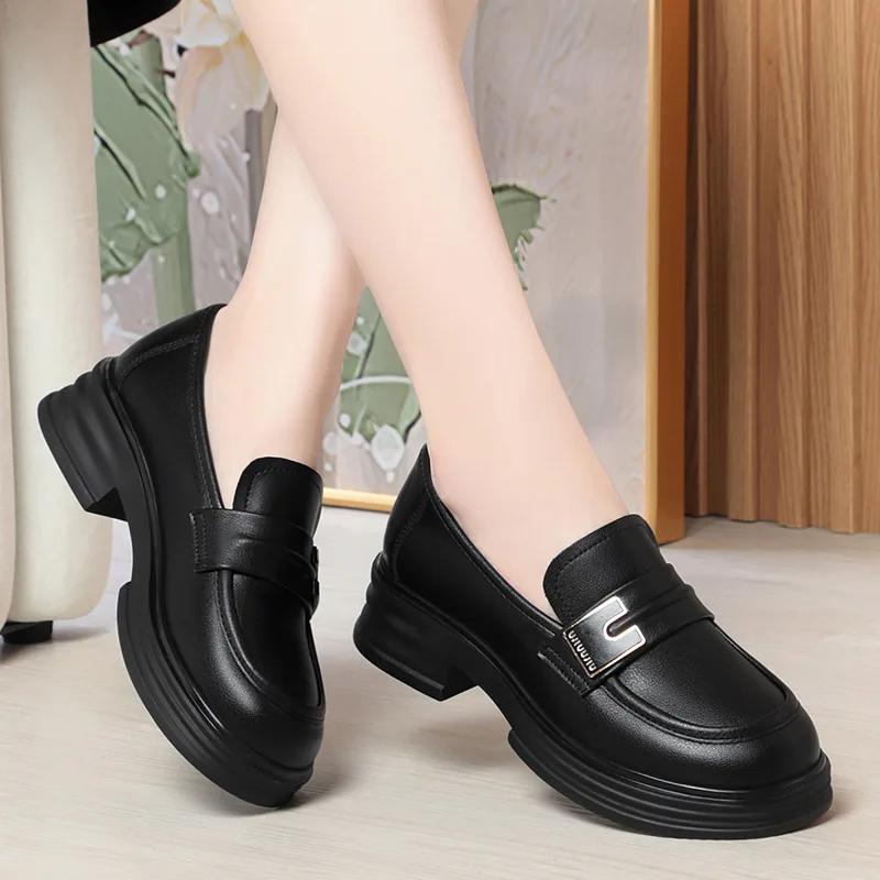 Fashion Chunky Loafers Shoes 2025 Spring Women Japanese Style Slip On Black Single Pumps Shoes Women Fashion Girls Thick Sole Heel