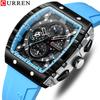CURREN Tonneau Dial Sport Watch for Men Fashion Waterproof Quartz Wristwatch with Auto Date Yellow Silicone Strap Luminous