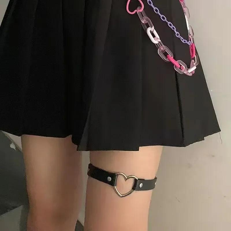 Women Sexy Elastic Pu Leather Leg Ring Garters Lingerie Belt Punk Heart Rivet Thigh Ring Goth Harajuku Harness Stockings Garter