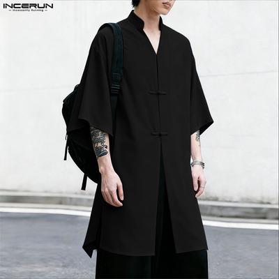Oversized Summer Men V Neck Half Sleeve Splits Casual Long T-shirts Tee Tops
