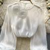Ruffles Sweet Sheer Blouse O Neck Long Sleeves 3D Floral Loose Top Korean Style Streetwear Vintage OL Casual Shirt