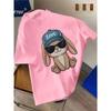 European Sizes Cute Cartoon Rabbit Wearing Fashion Glasses and Baseball Cap Print Short Sleeve T-Shirt
