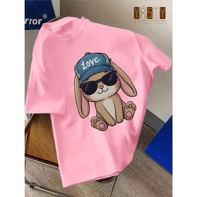 European Sizes Cute Cartoon Rabbit Wearing Fashion Glasses and Baseball Cap Print Short Sleeve T-Shirt