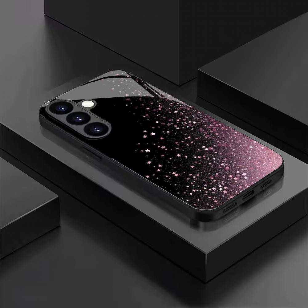 Pink Glitter Pattern Tempered Glass Phone Case Suitable for Samsung Galaxy S26 S25 S24 S22 S21 S20 FE/Ultra/Plus Anti Drop
