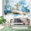 Holy Communion Tapestry, Watercolor Blue Floral with Cross, Bible and Candles for Baptism Party Decor