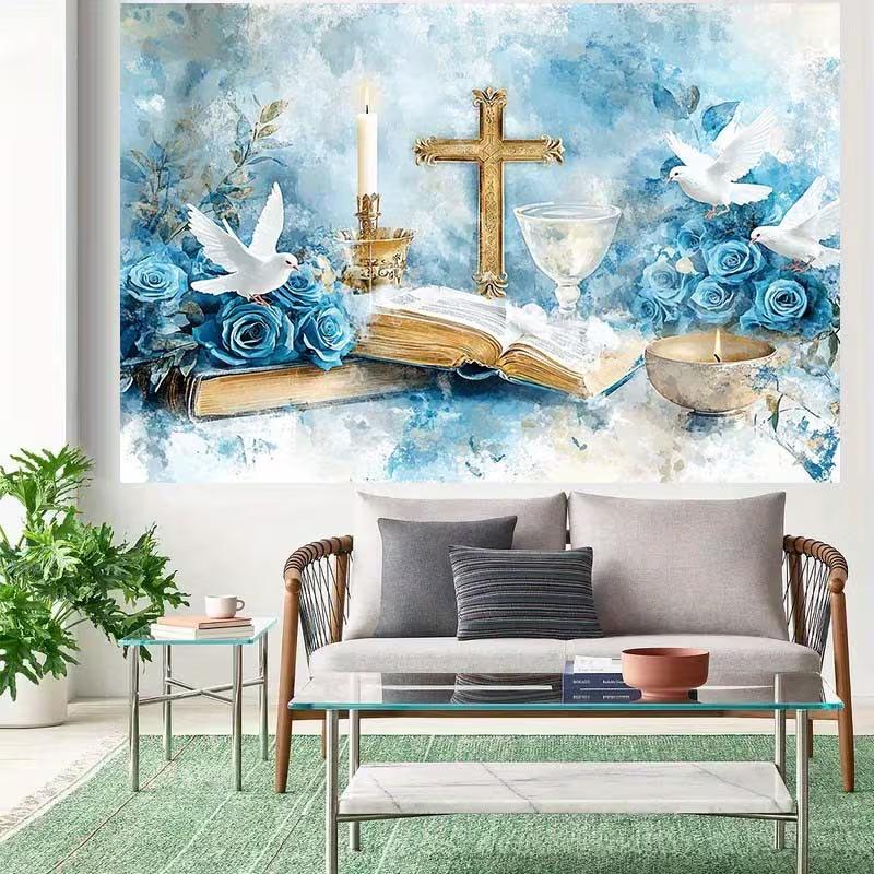 Holy Communion Tapestry, Watercolor Blue Floral with Cross, Bible and Candles for Baptism Party Decor