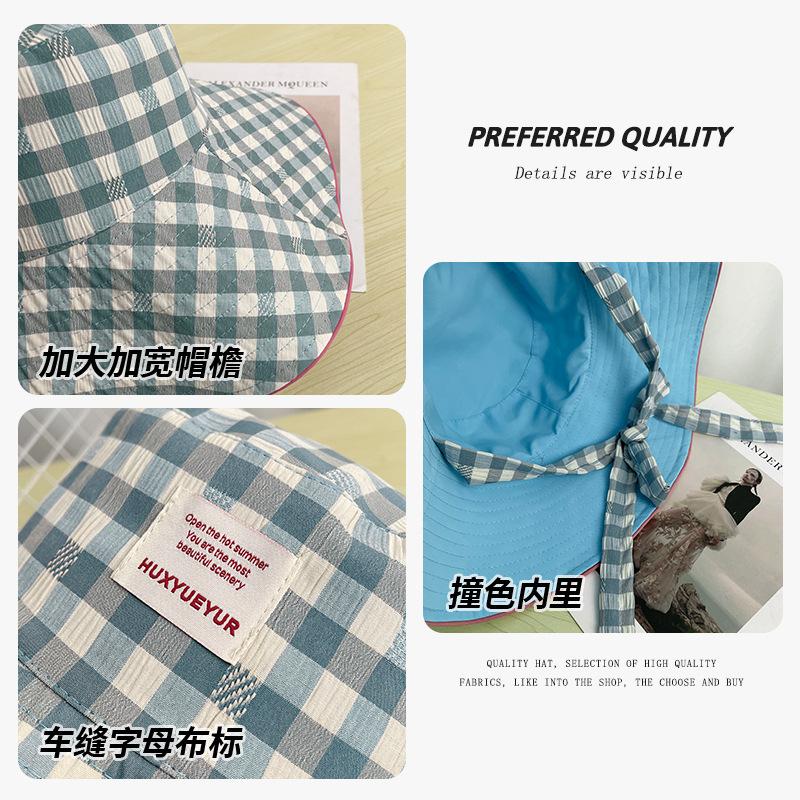 Plaid Lace-up Fisherman's Hat Children's Summer Versatile Wear Basin Hat On Both Sides Outdoor Outing Big Brim Sun Hat