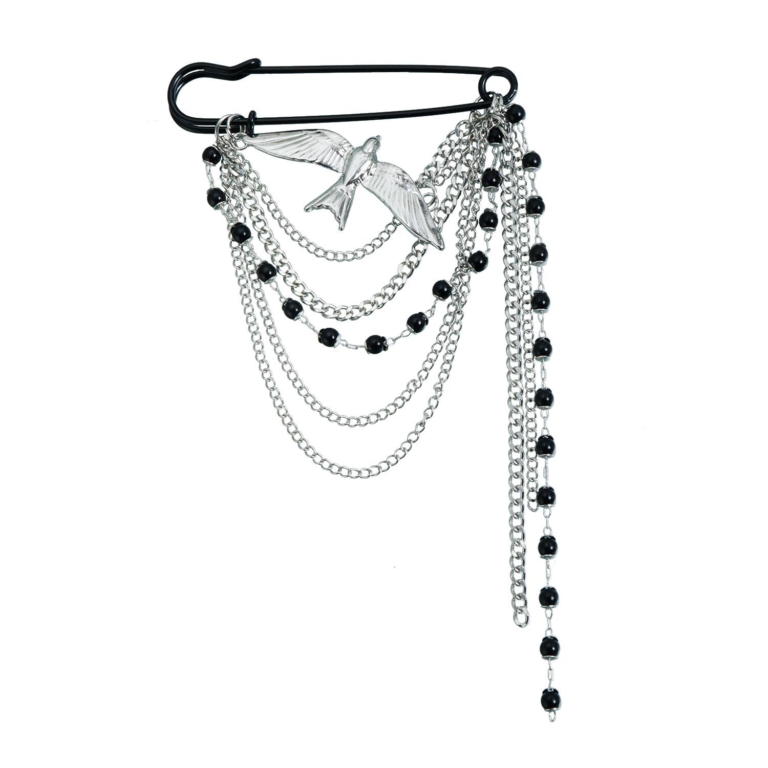 

Fashion Swallow Multi-chain Brooch Black Bead Tassel Lapel Pin Daily Commute Accessories 1