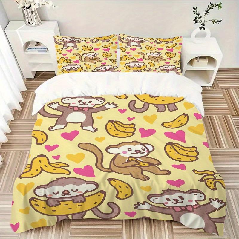 3pcs Monkey Banana Pattern Bedding Set, Ideal for Home Use, Suitable for Bedroom Decor (1*Duvet Cover + 1/2*Pillowcases, No Core) yy250821235