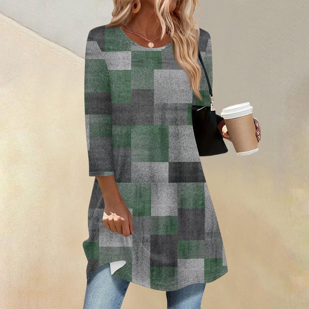 Women's Fashion Casual Three-quarter Sleeve Long Retro Printed Round Neck Top