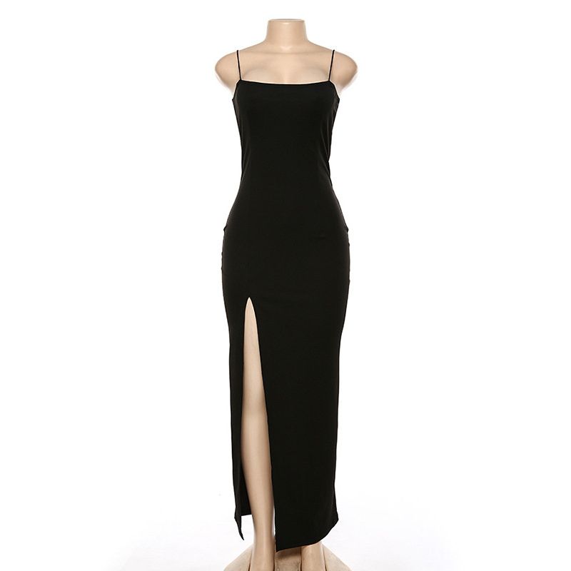 Europe and America Cross Border New Fashion Sexy Sling Collar Slim Fit Backless Sexy Split Maxi Dress