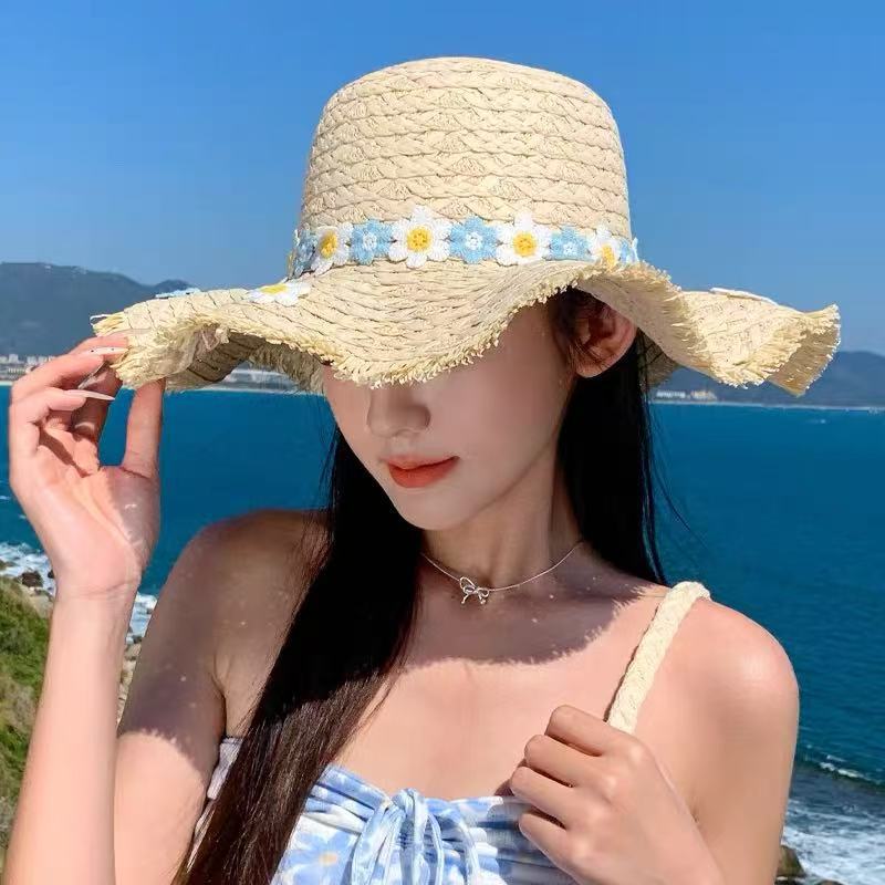 New Mint Mambo Flower Woven Bucket Hat Women's New Seaside Big Brim Straw Hat Sunscreen Hat