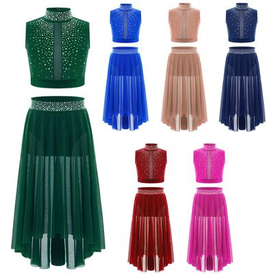 Girls Lyrical Dance Outfit Figure Skating Competition Modern Latin Jazz Performance 2pcs Crop Top with High-Low Chiffon Skirt