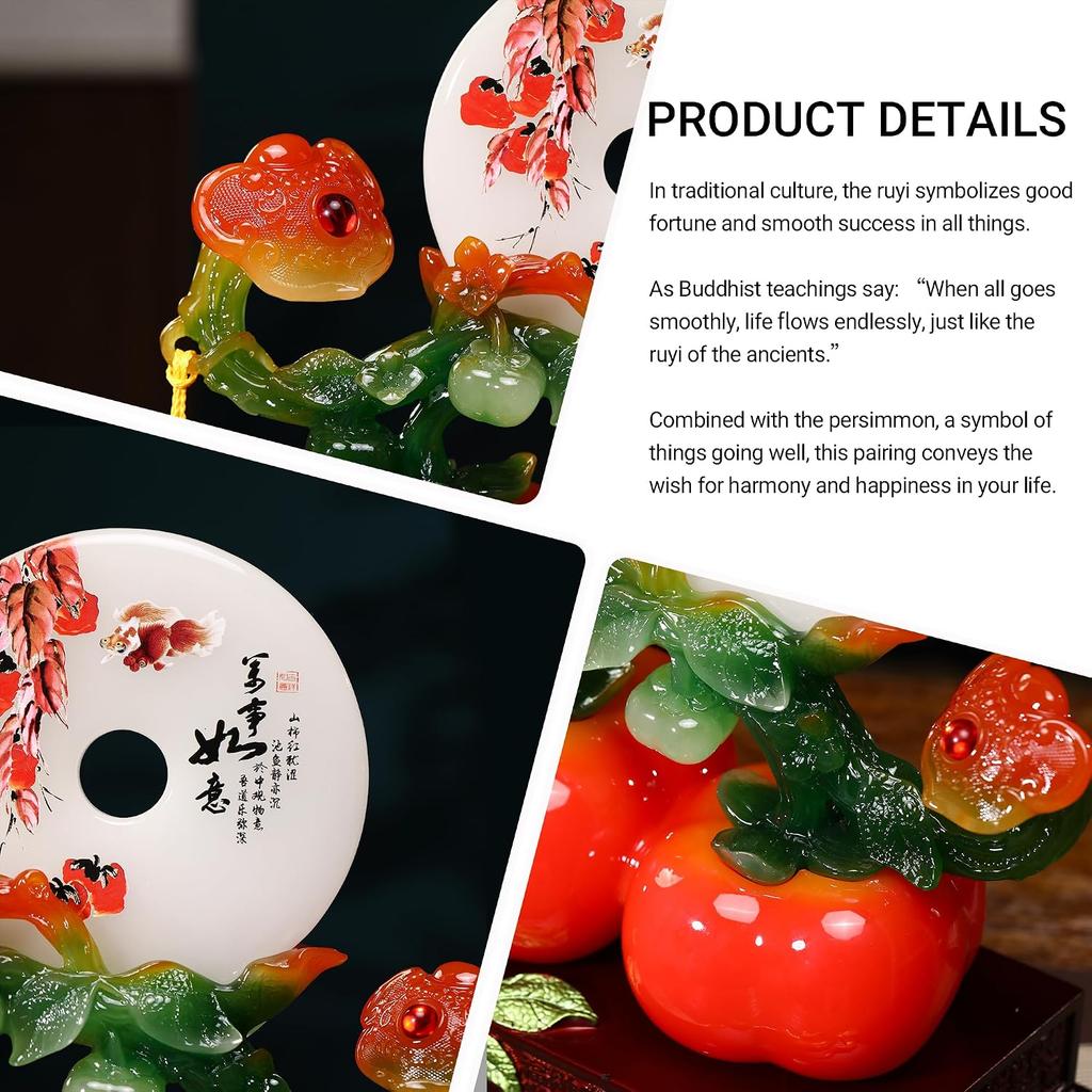 Aris & Juno 14.29'' Double Persimmon Ruyi Statue with Peace Buckle, Auspicious Feng Shui Decor for Entryway, Living Room, Study & Office,