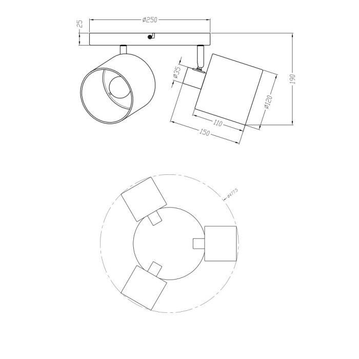 Kulaté stropní svítidlo - Tommy - 3 světla - Černé - 25 cm - Současný design