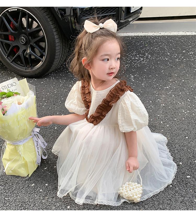 Kinder Sommer Kleidung Kinder Beige Kleid Kurzarm Prinzessin Mesh Kleider Baby Mädchen Süße Kleidung